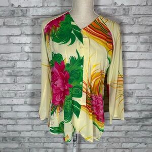 Vintage Floral Yellow Pink Green Sheer Button Blouse Top
